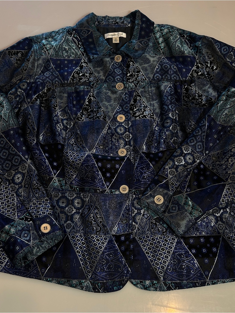Coldwater Creek Blue Patchwork Geometric Paisley Button Jacket Tapestry Size 2X
